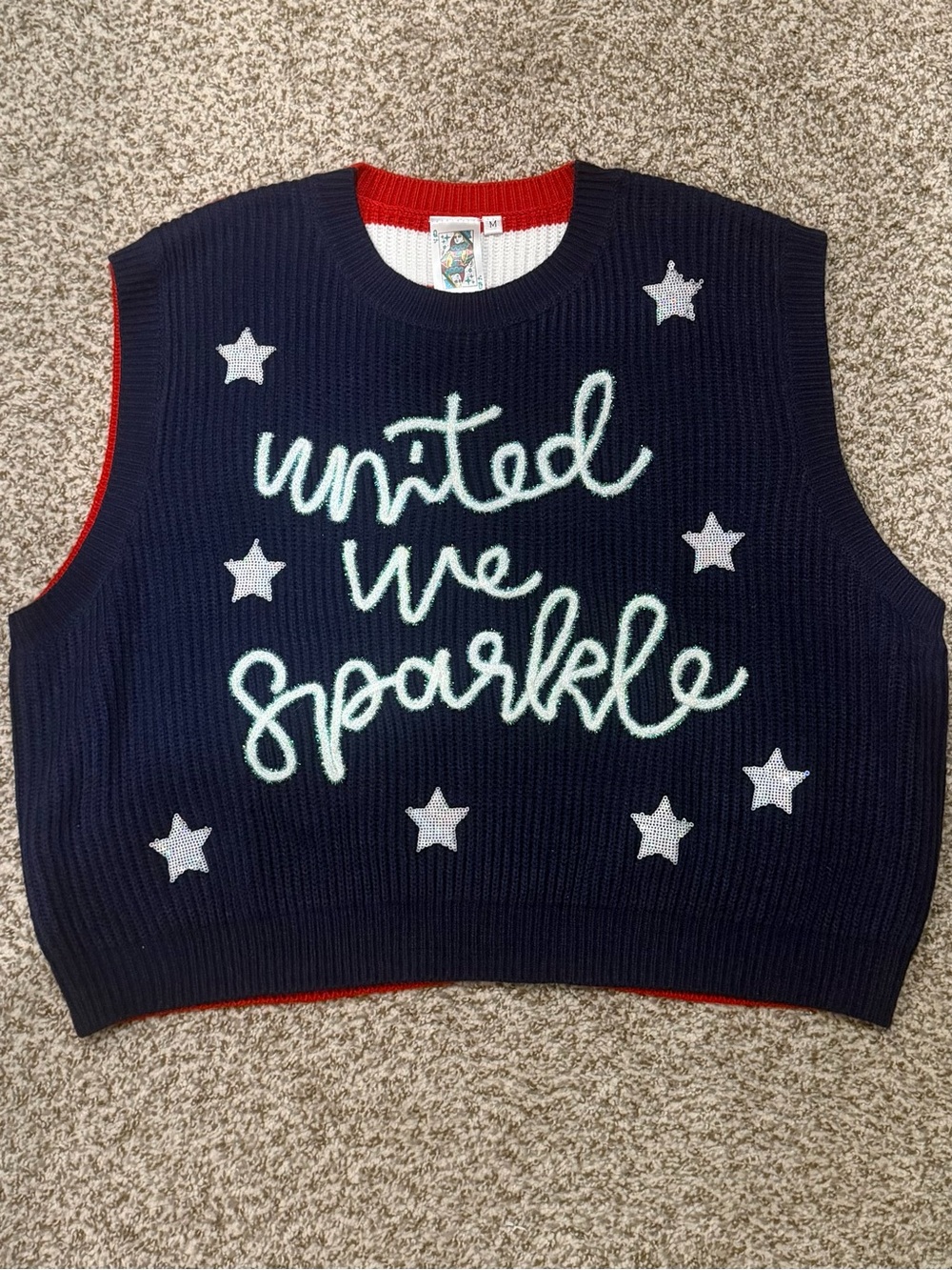 QUEEN OF SPARKLES Navy Knit Vest with Mint Script & Silver Stars